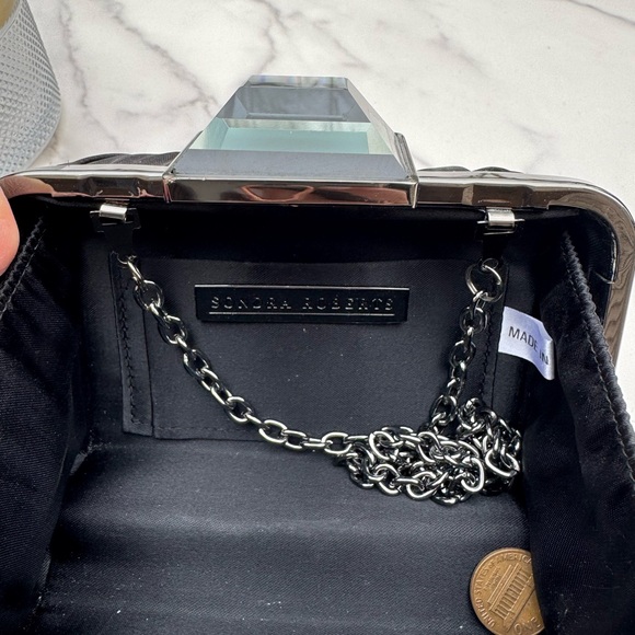 SONDRA ROBERTS Elegant Black Pleated Satin Clutch Evening Bag Chain